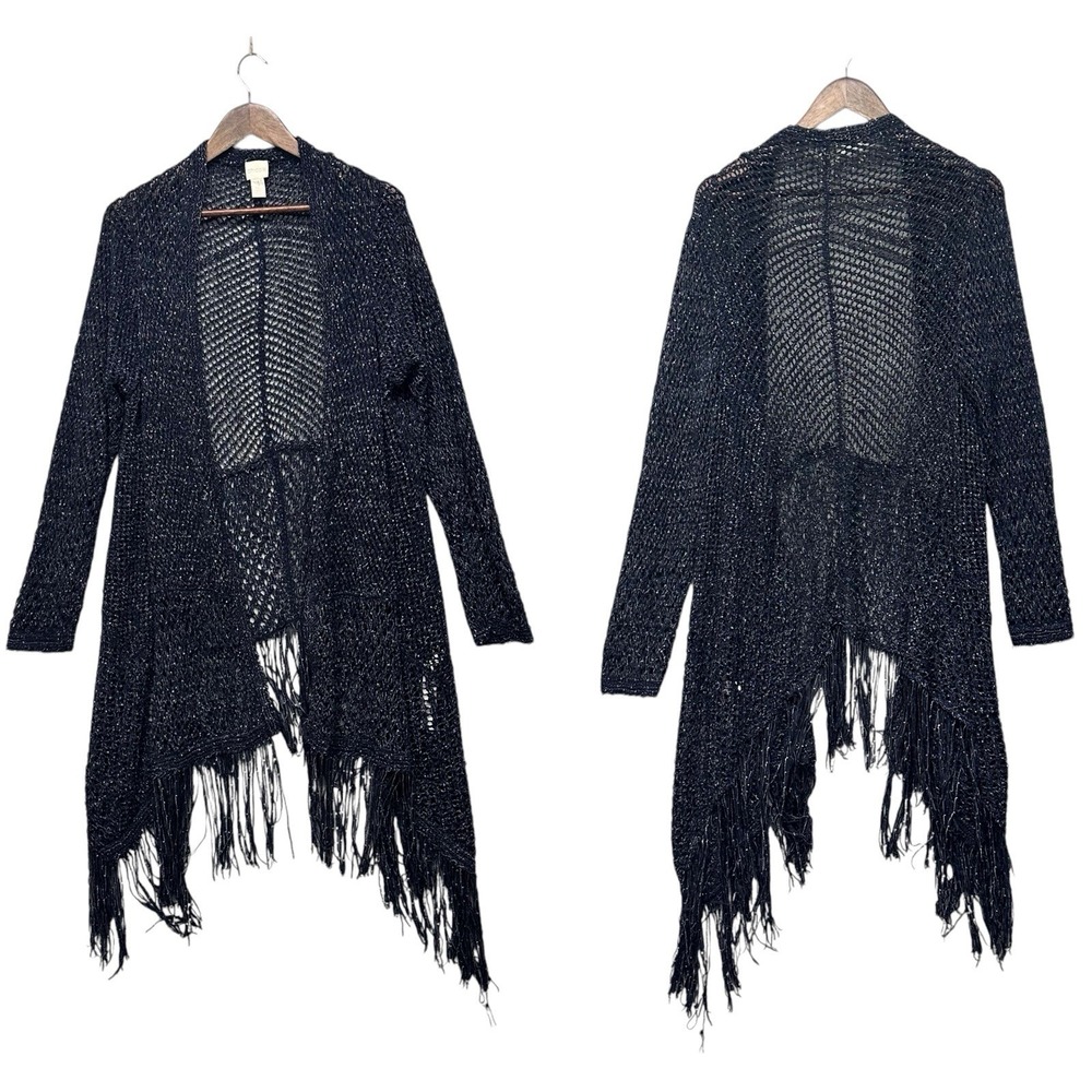 Chico's Long Knit Womens Cardigan Blue Metallic Size XXL 4 Fringe Coastal Beachy